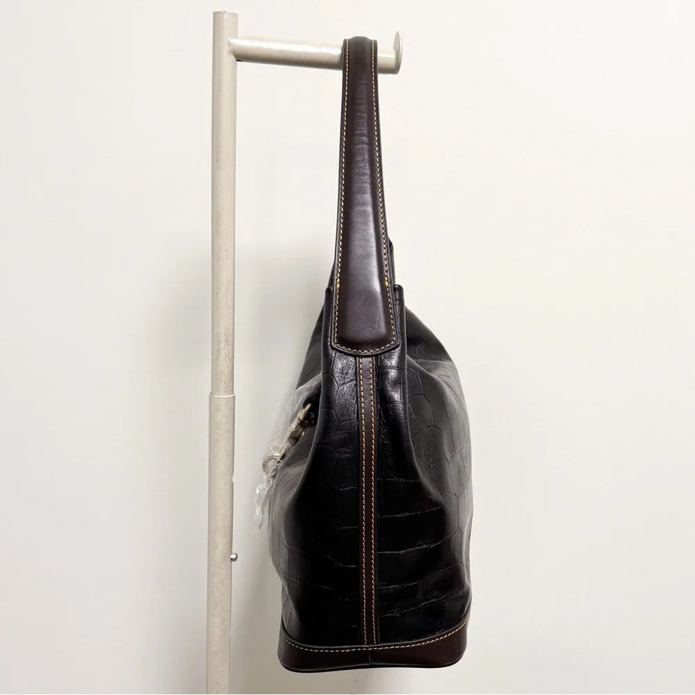 Dooney Bourke Black Brown Leather Croc Embossed Lobster Clasp Hobo Makeup Bag